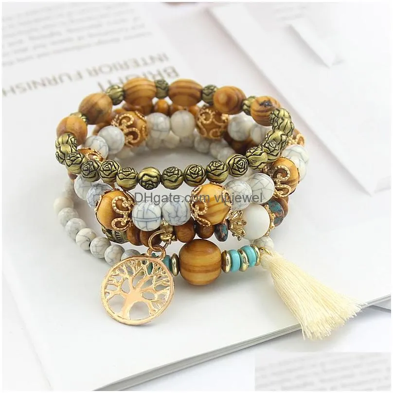 classic bead bracelet set for women multilayer natural wooden bead boho vintage tree tassel charms beads bracelets jewelry gifts