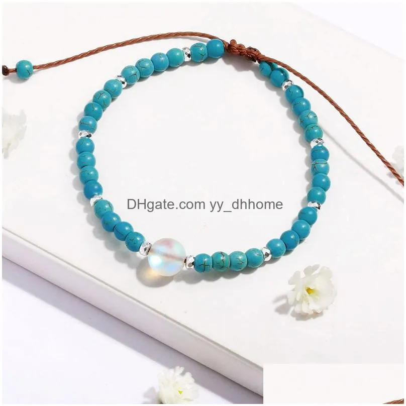  fashion 4mm turquoise beads women bracelets friendship bohemia style woven bracelet with moonstone bead love lucky jewelry diy