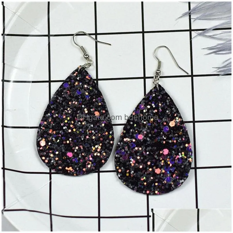 water drop pu leather earrings new simple design teardrop sequin glitter statement double side leather earrings for women jewelry