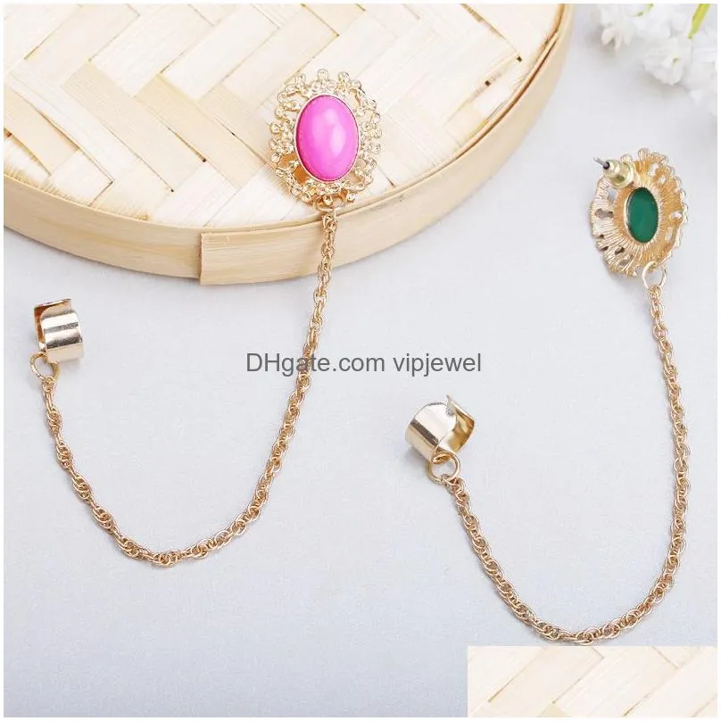 trendy tassel chain clip earrings fashion jewelry for women gold chain with green pink acrylic pendant cuff earring single ear jewelry
