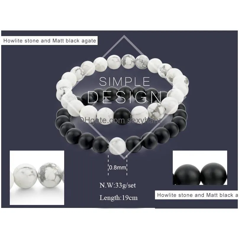 2pcs/set couples distance bracelet natural stone white and black matte tiger eye beads bracelets for men women friends gift