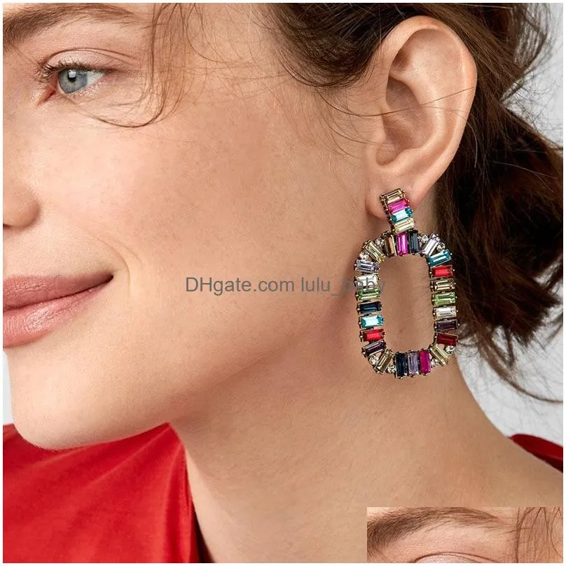colorful crystal square dangle earrings 2019 arrival fashion jewelry ethnic big rhinestone geometry earrings for lady women