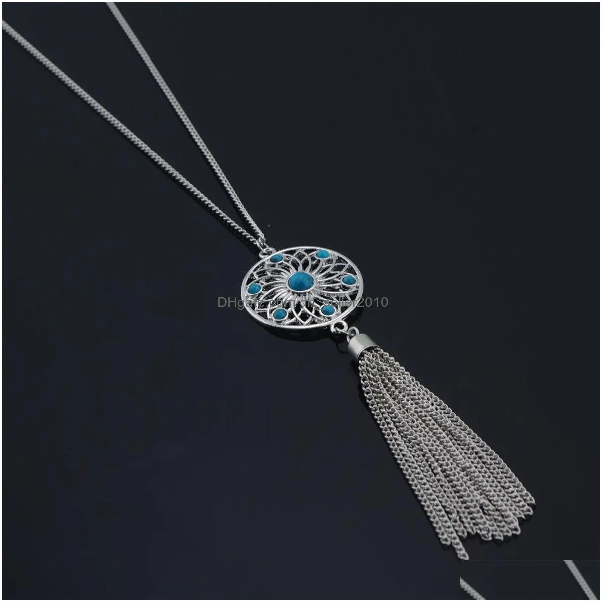 fashion boho dream catcher necklaces hollow net tassel long pendant dangle sweater turquoise bead necklace for women jewelry