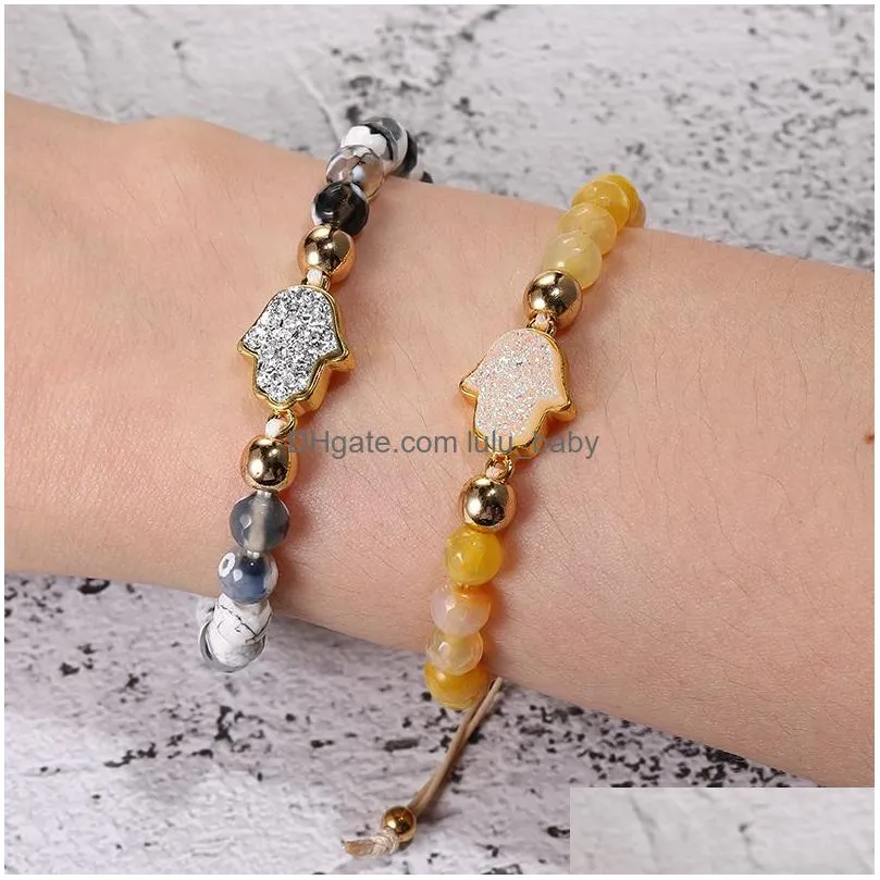 natural stone agate bead druzy charm bracelet for women handmade fatima hamsa hand beads braided bracelets with card jewelry friends