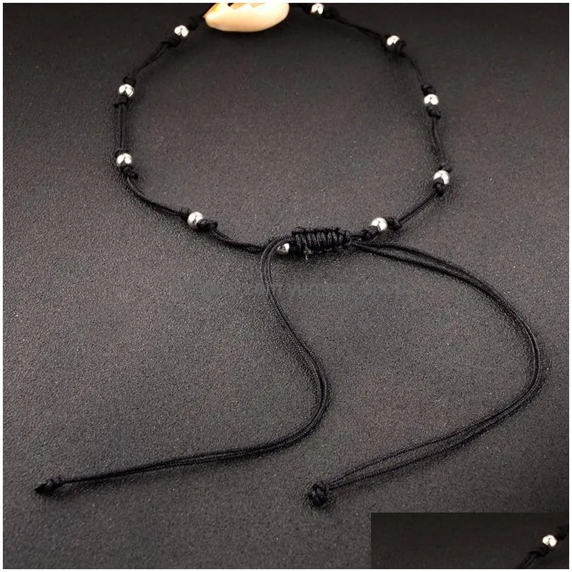  seashell beads stripe woven anklet beach jewelry handmade simple black rope draw beads braided anklets bracelets for women