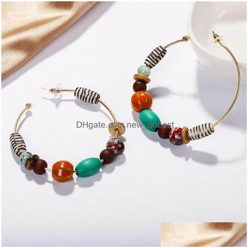 2019 beads round big hoop earrings for women girl handmade resin wood bead charm bohemian ethnic statement earring jewelry gifts