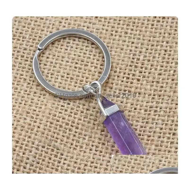 natural stone keychains hexagonal prism bullet quartz point healing crystals chakra key chains diy jewelry accessories