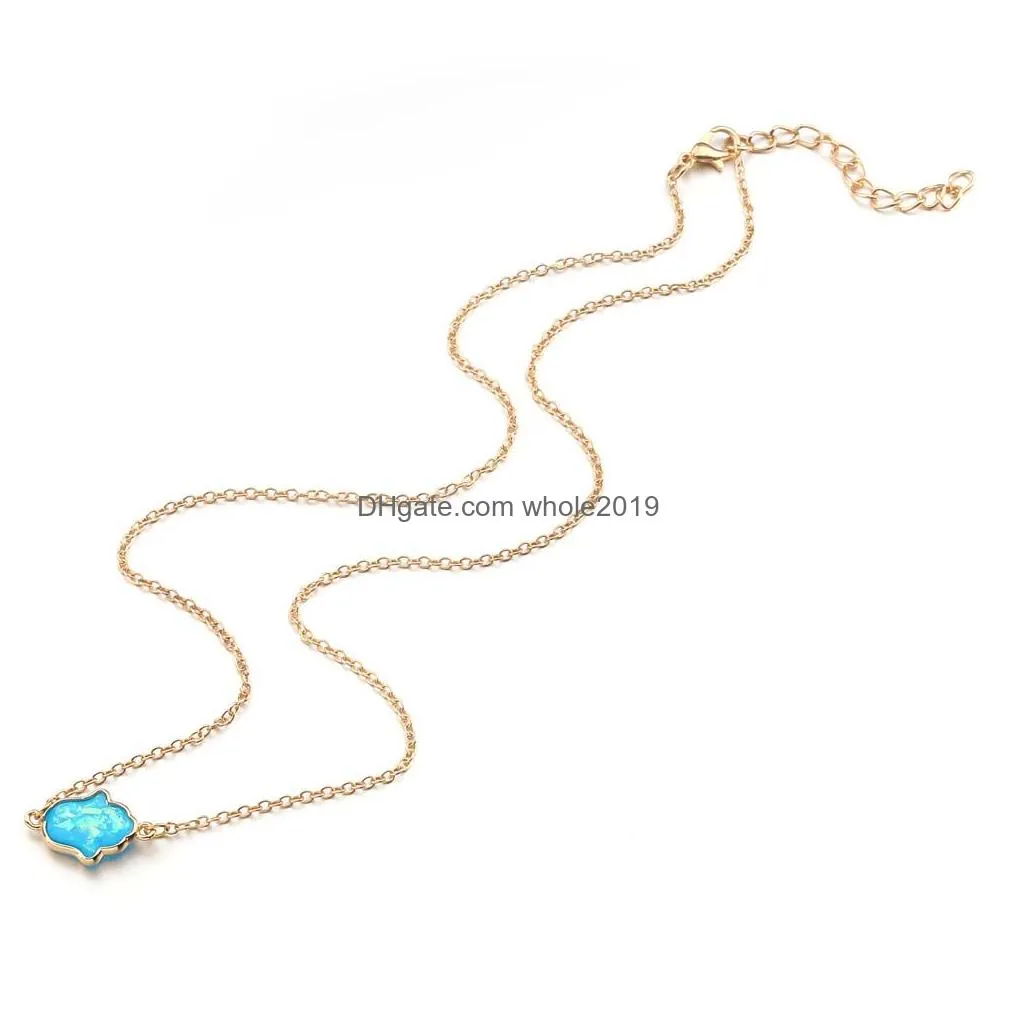 blue resin hamsa necklace resin stone hand fatima pendant necklaces gold chain choker for women fashion jewelry