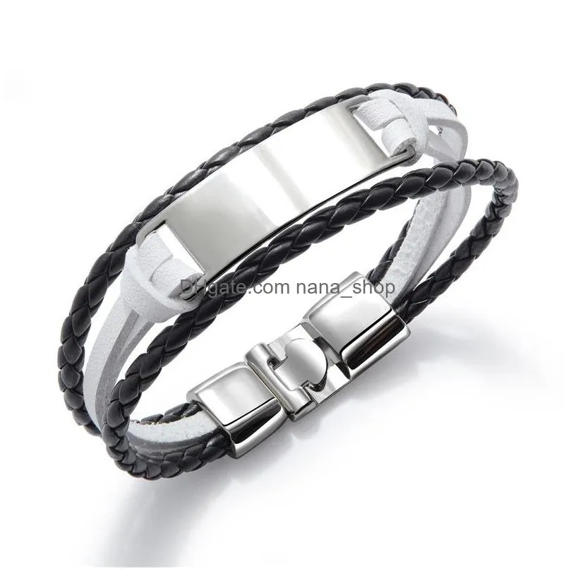 new engraved tag leather bracelet stainless steel mens bracelet personalized diy custom layered genuine leather bangle gift mens