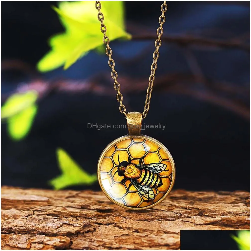 creative bees pattern necklace glass cabochon pendant fashion jewelry black chain statement necklaces gift for women