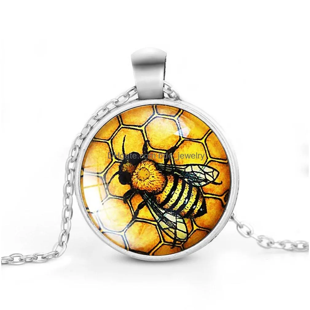 creative bees pattern necklace glass cabochon pendant fashion jewelry black chain statement necklaces gift for women