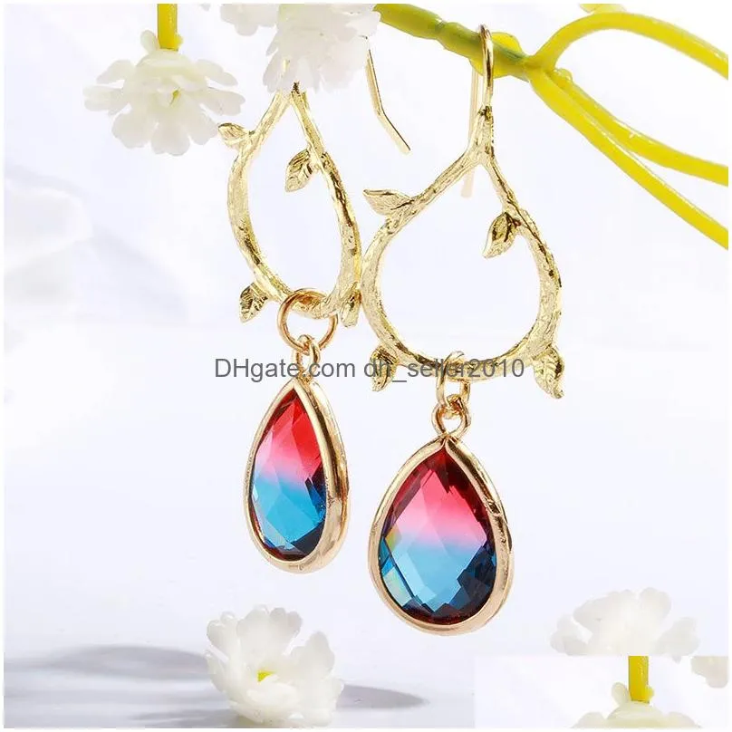 vintage rainbow crystal earrings for women water drop birthstone gold leaf teardrop earring 2019 fashion jewelry best gifts