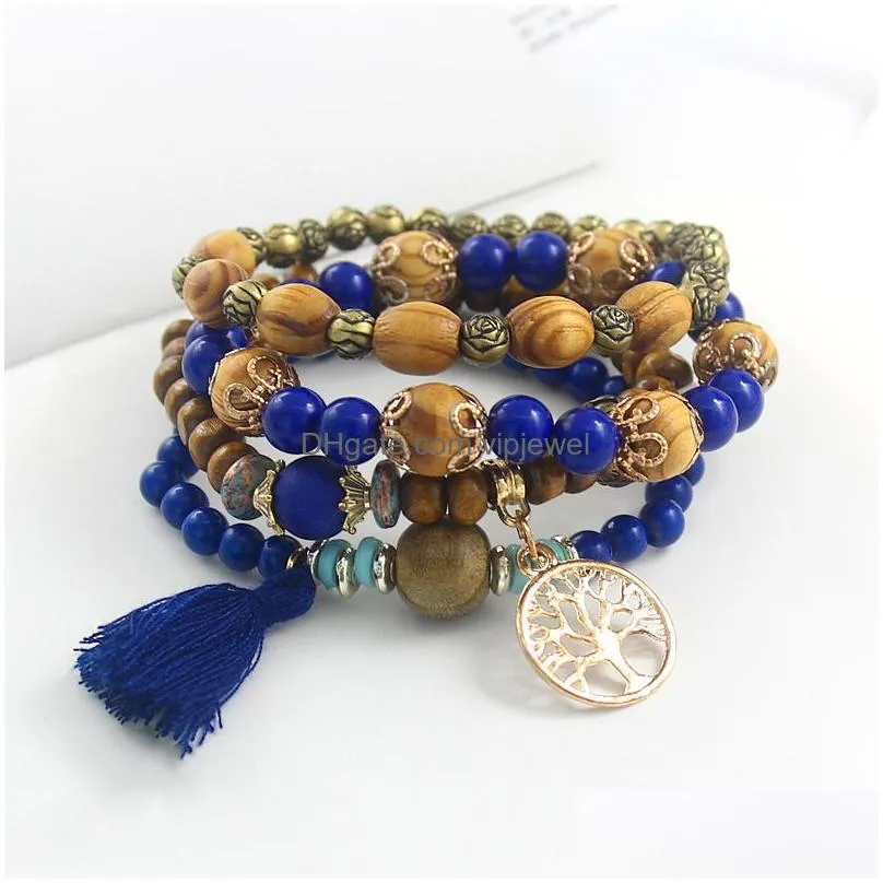 classic bead bracelet set for women multilayer natural wooden bead boho vintage tree tassel charms beads bracelets jewelry gifts