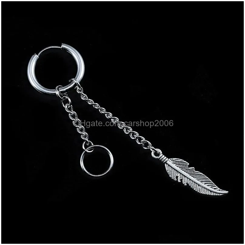 antique silver color feather earrings 1pc long link chain tassel earring for men women punk feather ear cuff clip jewelry accessories