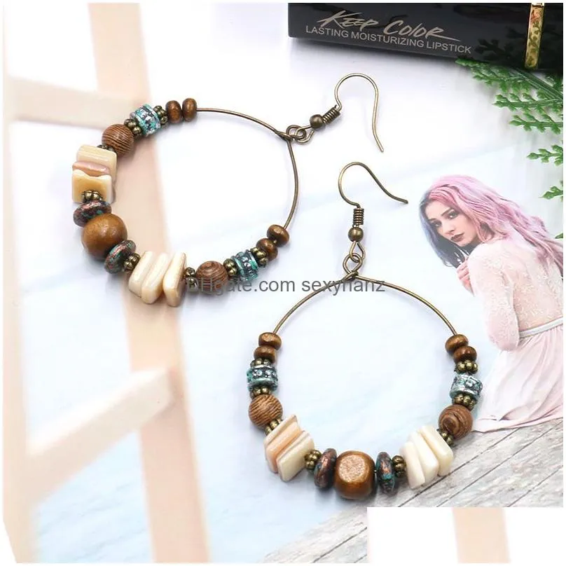  shell hoop earrings with beads for women wood beads shell and natural stone earring handmade jewelry gifts