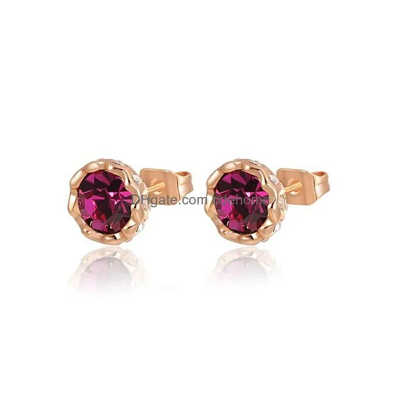 6 colors fashion snow lotus earrings rose gold color small stud earrings for elgant women girls with colorful austrian crystals