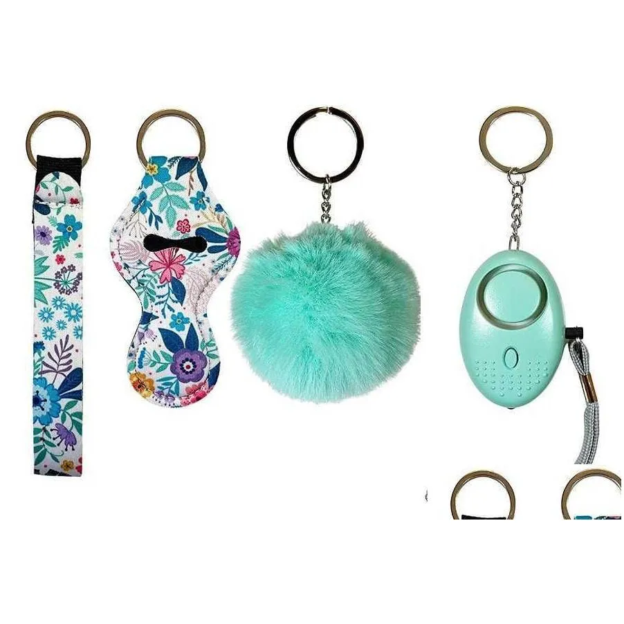 4 piece t fashion defense keychains set pompom alarm keychain lipstick holder and wristband for woman men selfdefense keyring