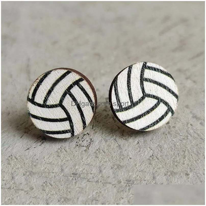 sports baseball stud earrings creative rugby football volleyball basketball wooden earrings fashion accessories