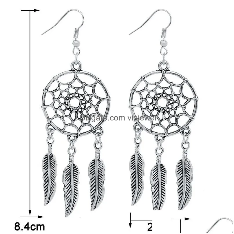 bohemian style dream catcher net feather tassel earrings for women ladies vintage silver dreamcatcher boho jewelry gift