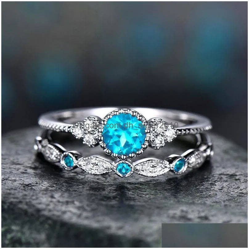 fashion finger rings set cz rhinestone engagement wedding ring set elegant temperament jewelry silver plated green blue pink purple