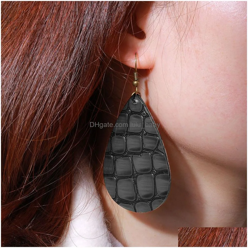  trendy double side alligator printing water drop pu leather earrings for women fashion colorful bohemian teardrop earring jewelry