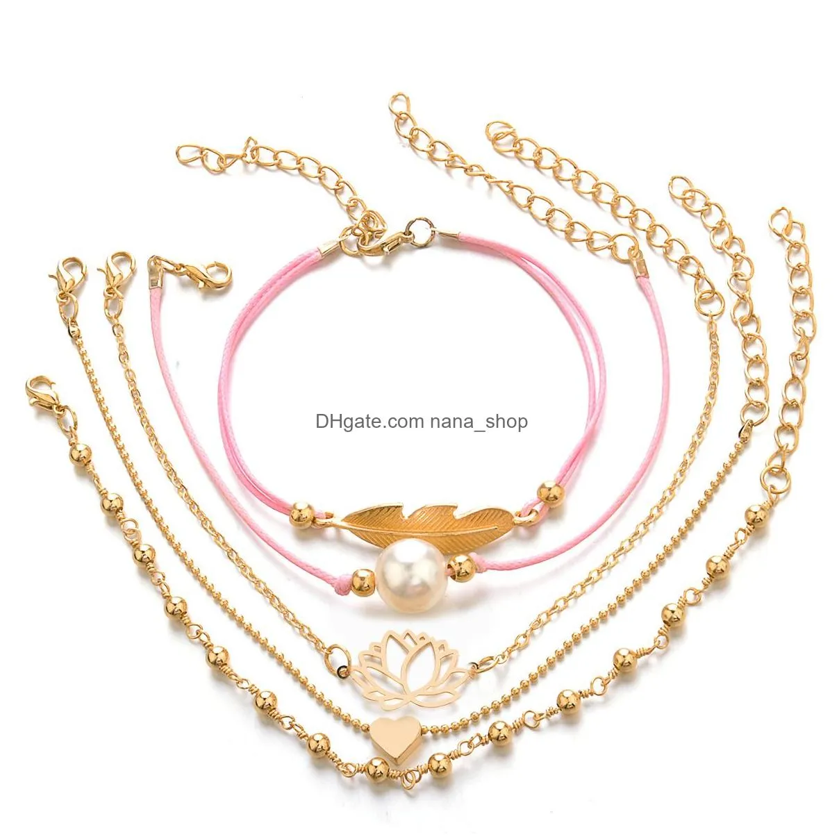 bohemian leaves heart love lotus pearl bracelet chain woven multilayer bracelet set women fashion gold jewelry