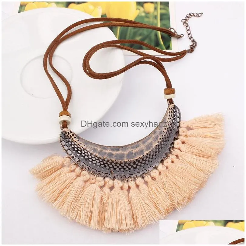 leather tassel necklace big crescent necklace bohemia long choker statement necklace for women design boho vintage wholesale