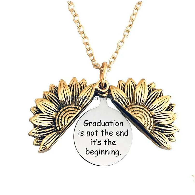 antique gold plated stainless steel pendant necklace open locket sunflower 2022 graduation season lettering intial necklaces