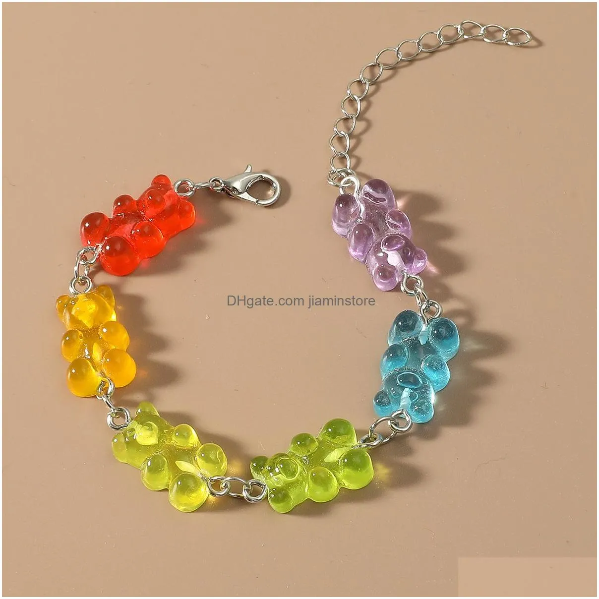 cartoon rainbow candy bear charm bracelet ins colored bears bounce diy hip hop link bracelets