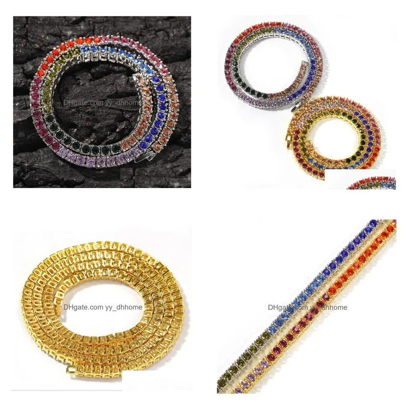 4mm colorful crystal 1 row tennis chains for mens bling iced out diamond hip hop gold silver choker necklace for women