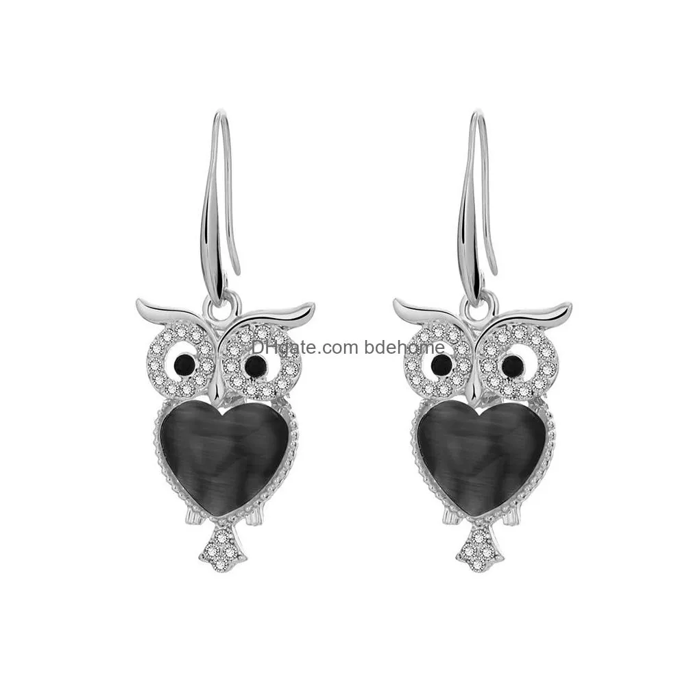 cute owl crystal earrings jewelry gold color animal earring with heart shape opal charms for women party jewelry