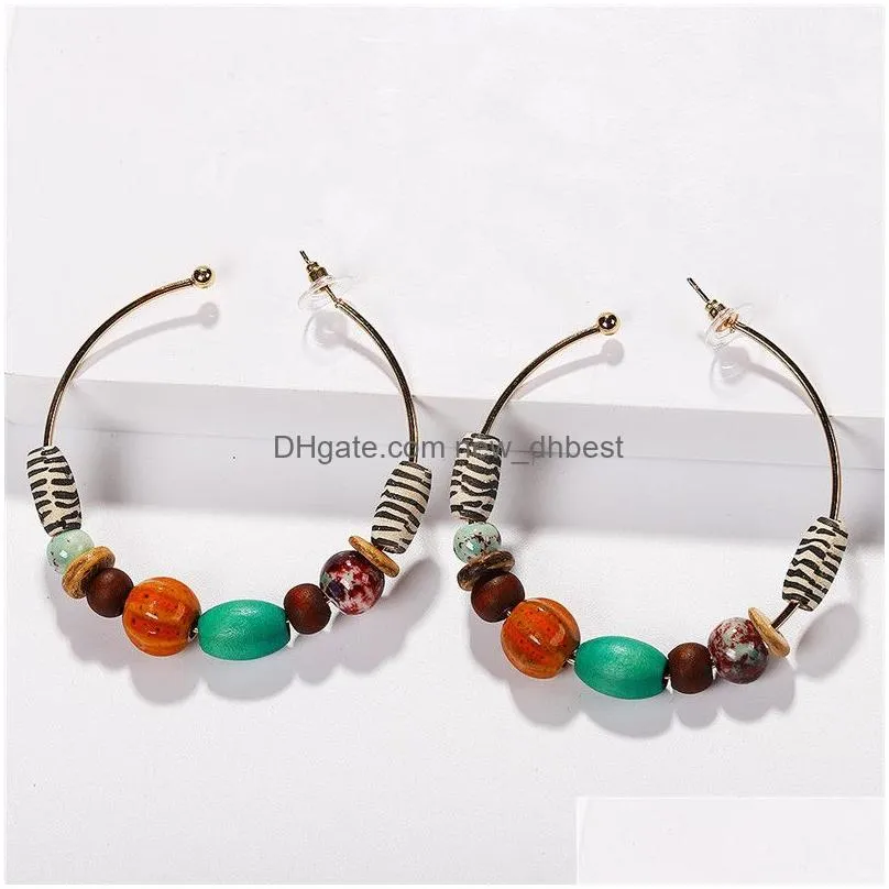 2019 beads round big hoop earrings for women girl handmade resin wood bead charm bohemian ethnic statement earring jewelry gifts
