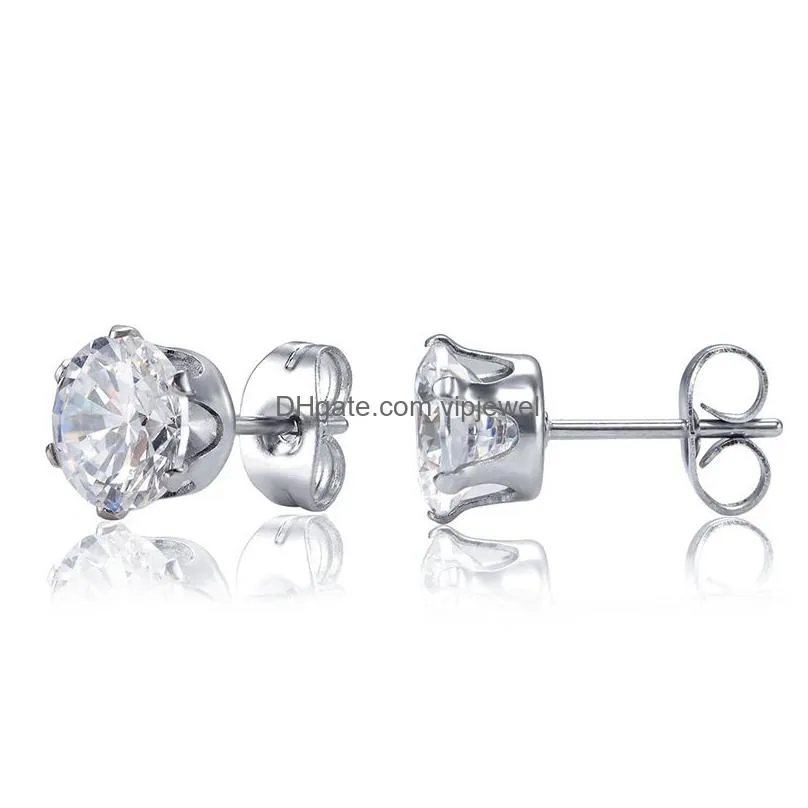 3mm8mm round clear cubic zirconia stud earring for women girls silver gold rose gold plated wedding earrings stainless steel jewelry