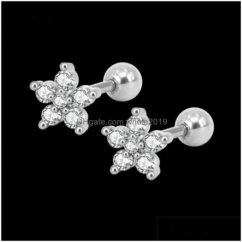 new pink blue flower cz stud earrings for women girls cubic zircon silver gold color lip rings nails earring wedding bridal design
