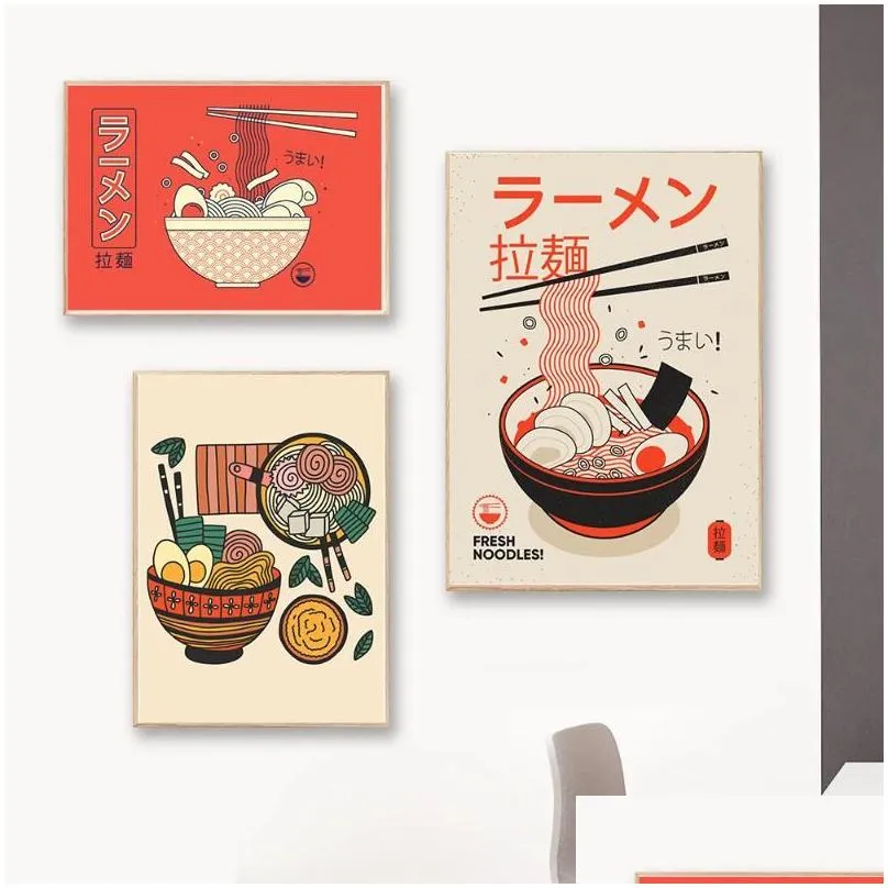 paintings ramen noodles with eggs canvas poster japanese vintage sushi food painting retro kitchen restaurant wall art decoration