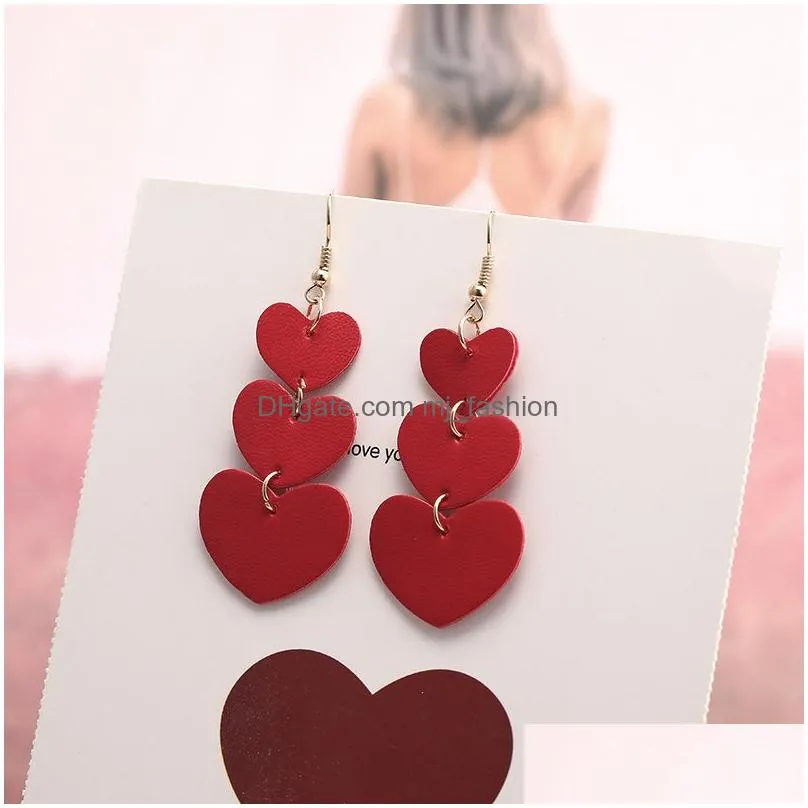 new fashion design heart drop earrings for women girl faux leather double side light weight heart long dangle earring statement jewelry