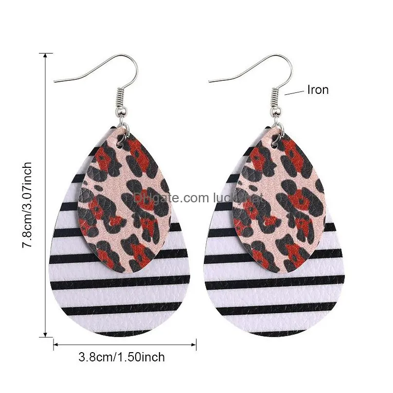 fashion leather leaf waterdrop dangle earrings zebra black white stripes leopard double layer earring for elegant girls women jewelry