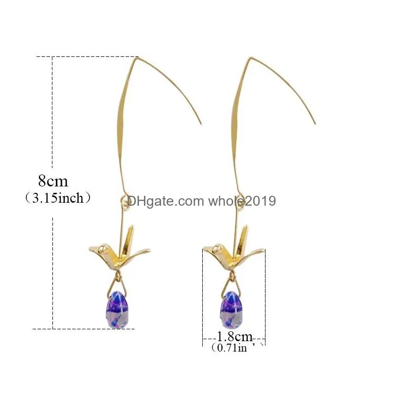 2019 korean fashion summer crystal earrings with gold crane long dangle earrings personality little bird blue water drop earring