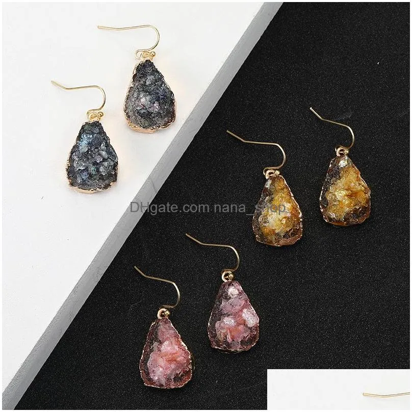 2019 designer geometric druzy resin stone earrings for women girl fahion colorful waterdrop imitation stone gold plated hook earring