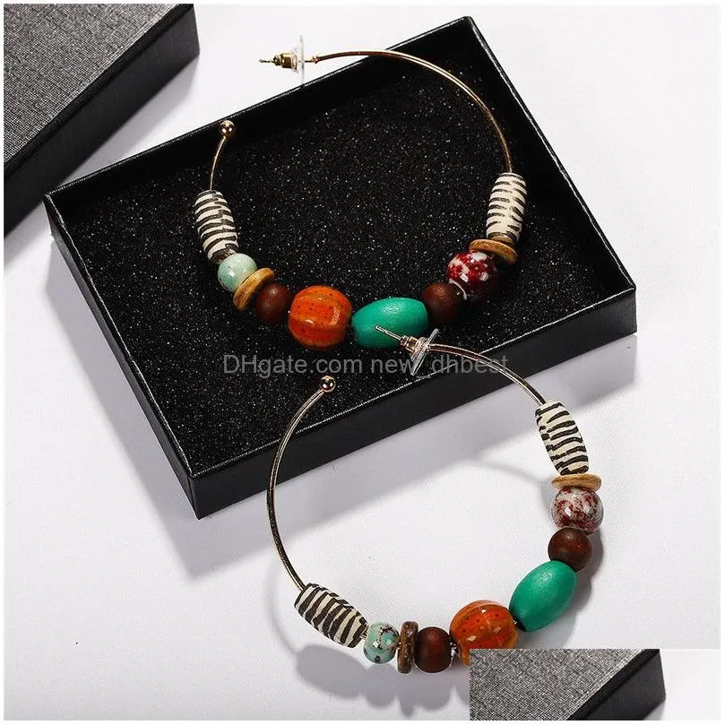 2019 beads round big hoop earrings for women girl handmade resin wood bead charm bohemian ethnic statement earring jewelry gifts