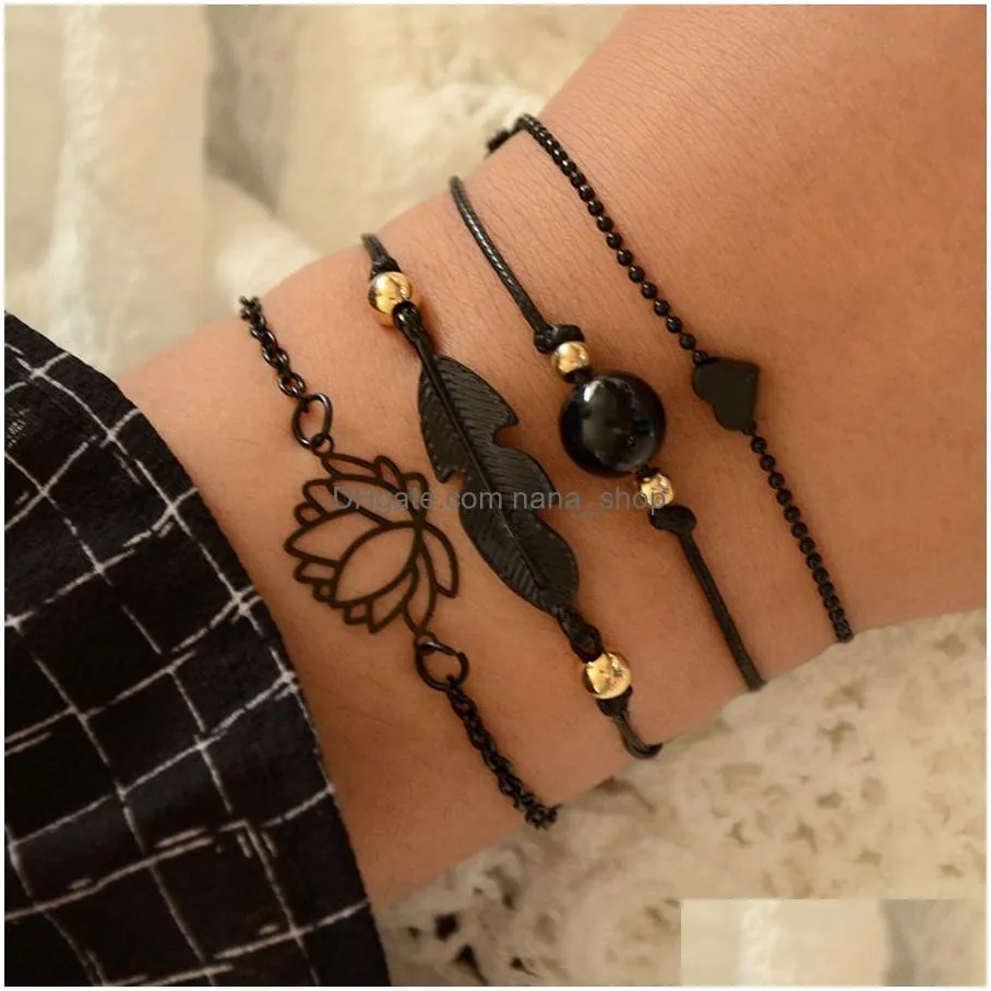 4pcs/set bohemian lotus bracelets set summer design black feather lotus heart charm bracelets for women girls jewelry