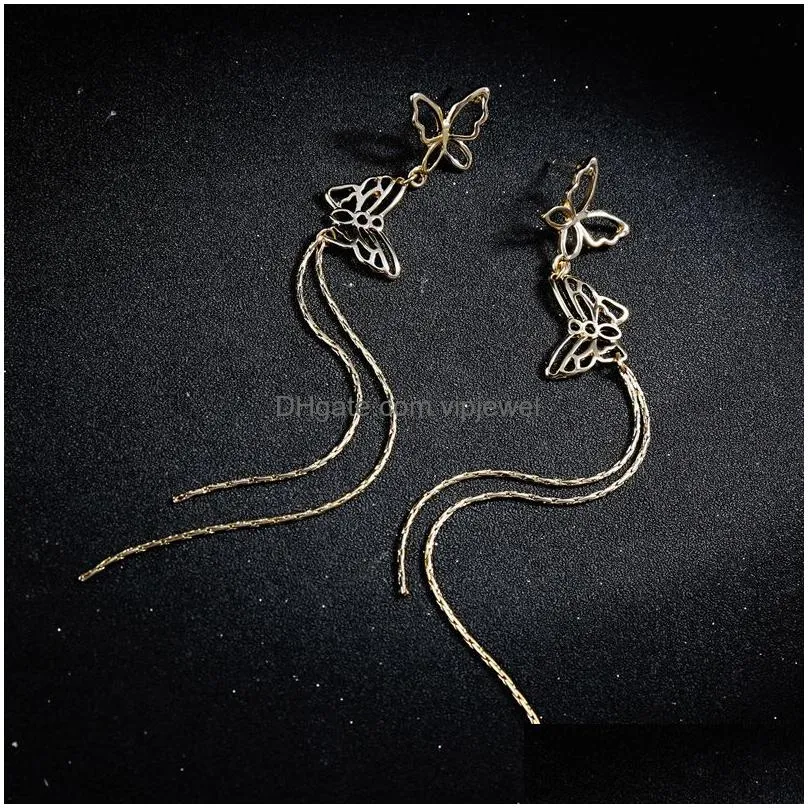 fashion long tassel earrings hollow double butterfly tassel earring 925 sterling silver needle for women wholesale jewelry