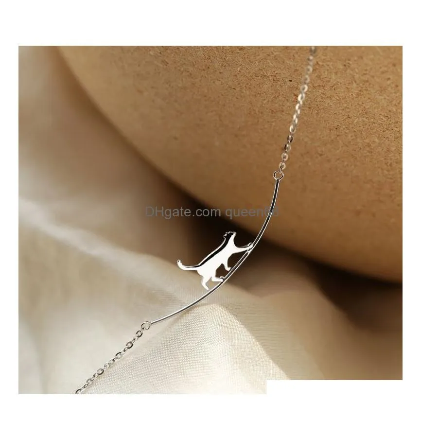 fashion 925 silver plating chain necklace clavicle chain cute curved animal walking cat necklaces