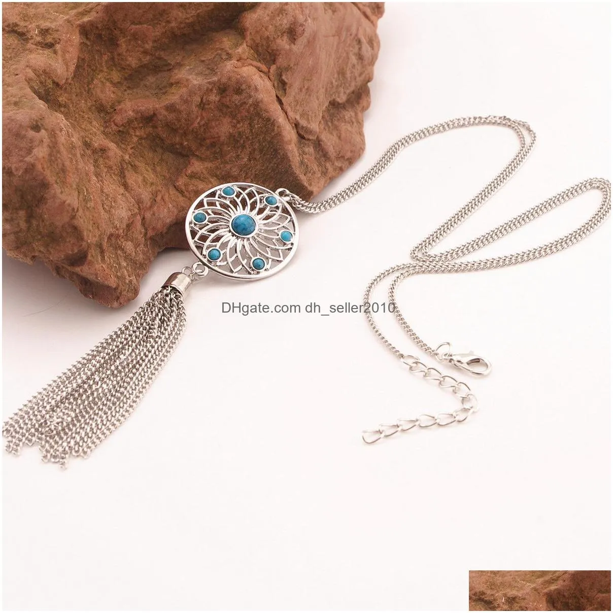 fashion boho dream catcher necklaces hollow net tassel long pendant dangle sweater turquoise bead necklace for women jewelry