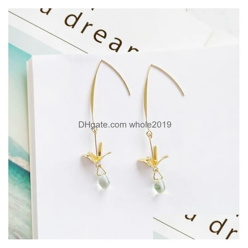 2019 korean fashion summer crystal earrings with gold crane long dangle earrings personality little bird blue water drop earring