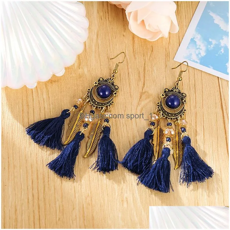vintage ethnic long tassel dangle earring acrylic bead crystal rice beads crescent feather earrings for women