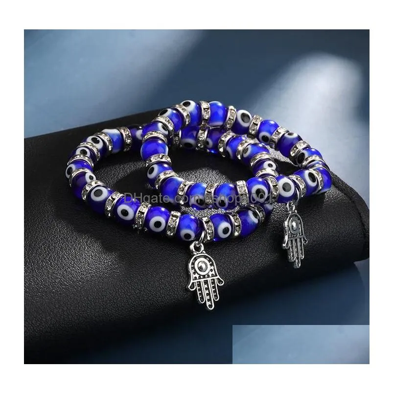 8mm turkey evil blue eyes beaded strands bracelets chain men women kids religious hamsa hand charm bracelet bangles handmade jewelry