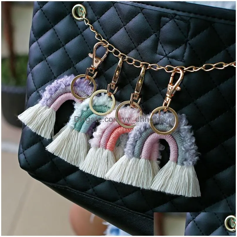 plush rainbow keychain hand woven keychains diy fashion accessories bag decoration pendant keyring