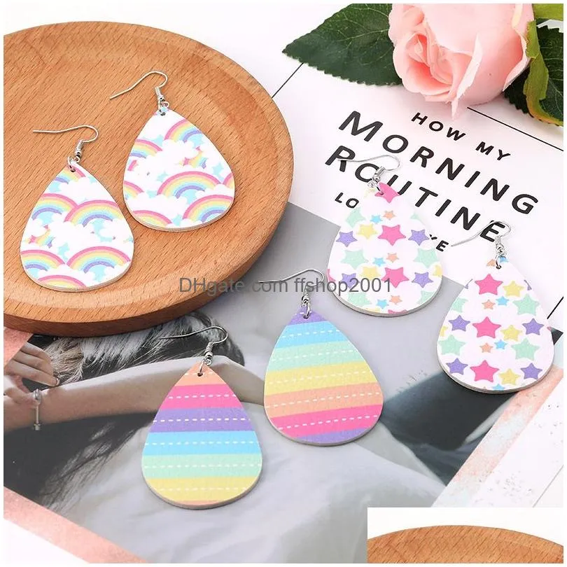 korea style rainbow color heart star printing leather earrings for women dangle drop earrings waterdrop faux leather ear party jewelry