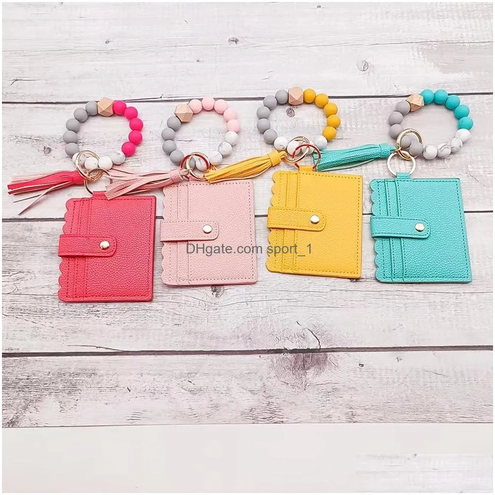 pu tassel card bag pendant keychain silicone beaded bracelet keychain womens portable wallet